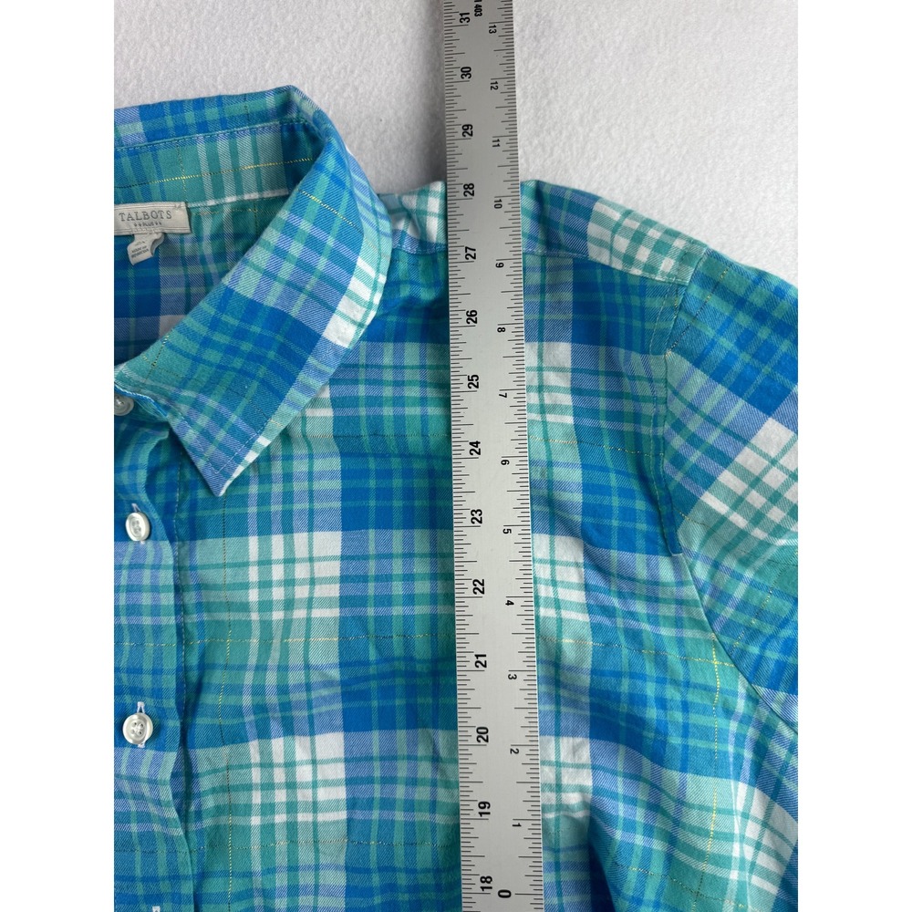 Talbots Plus Size 2X Plaid Button Down Shirt Blue Green Gold Sparkle Long Sleeve - Picture 6 of 7